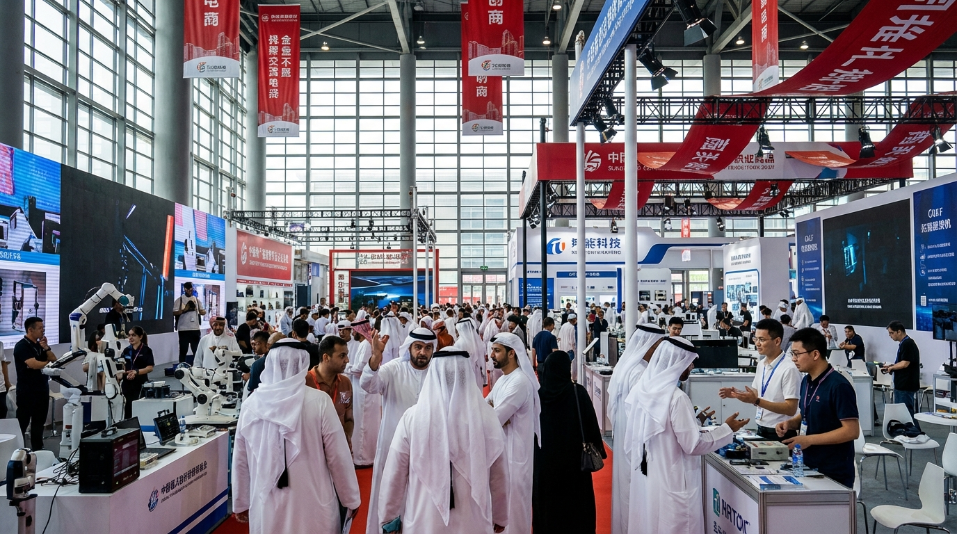 قاعة معرض تجاري صيني حديث، مشتريون خليجيون بثيابهم التقليدية يتفحصون أجنحة تكنولوجيا، لافتات حمراء وشاشات مضيئة في الخلفية