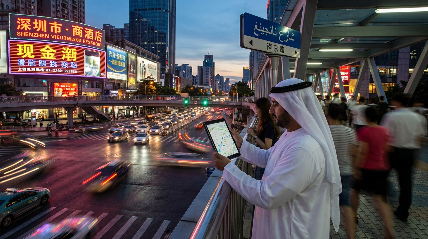 تقاطع طرق مزدحم في مدينة صينية كبرى، لافتات مزدوجة بالعربية والصينية، رجل أعمال خليجي يحمل جهاز لوحي يدرس الخريطة وسط أضواء النيون