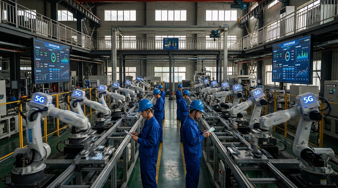 مصنع ذكي صيني في 2026، أذرع روبوتية متصلة بشبكات الجيل الخامس وتقنيات الذكاء الاصطناعي