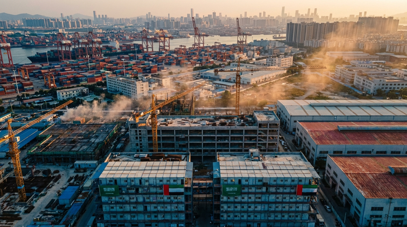 منطقة صناعية مشتركة جديدة في قوانغدونغ، أعلام السعودية والإمارات ترفرف فوق مواقع البناء المحاطة بالرافعات