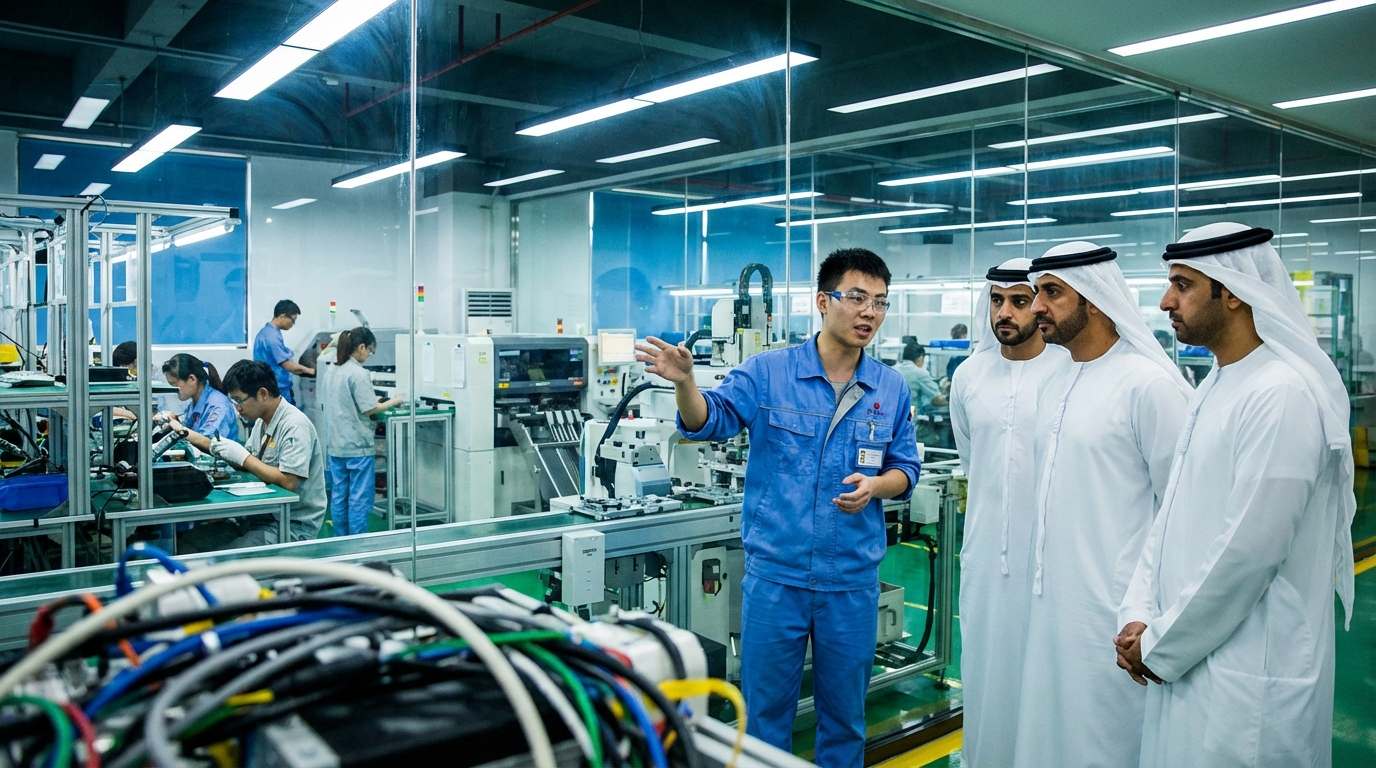 مهندس صيني يشرح خط إنتاج ذكي لمديرين خليجيين داخل مصنع إلكترونيات في شنتشن