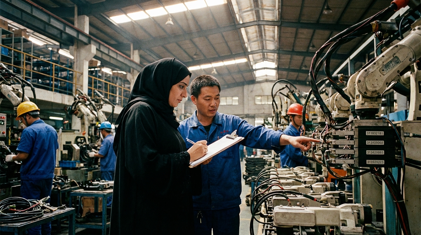مدققة خليجية تفحص معدات صناعية داخل مصنع قطع غيار سيارات في قوانغتشو مع مشرف صيني