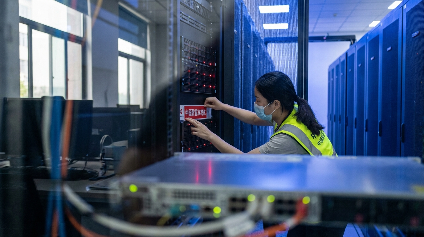 Engineer applying PIPL data-localization sticker in China server room