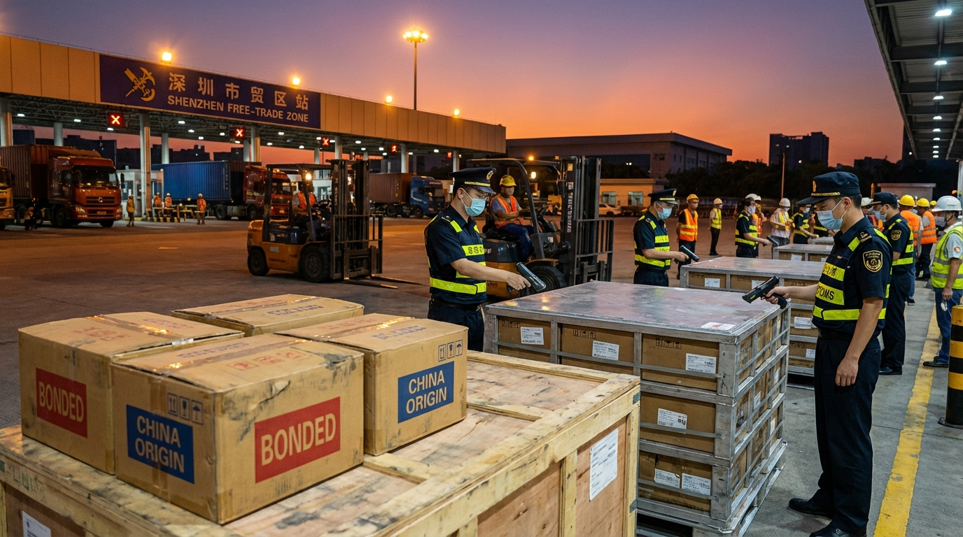 Customs checkpoint at Shenzhen FTZ illustrating bonded vs China-origin goods routing