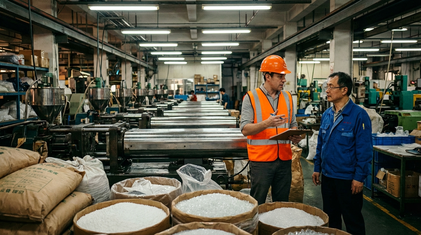Foreign auditor and Chinese manager discussing injection-moulding capacity on factory floor