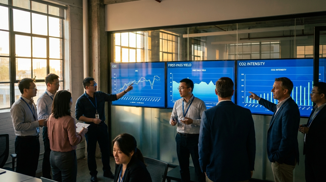 Multinational team reviewing live factory KPI dashboards in China office