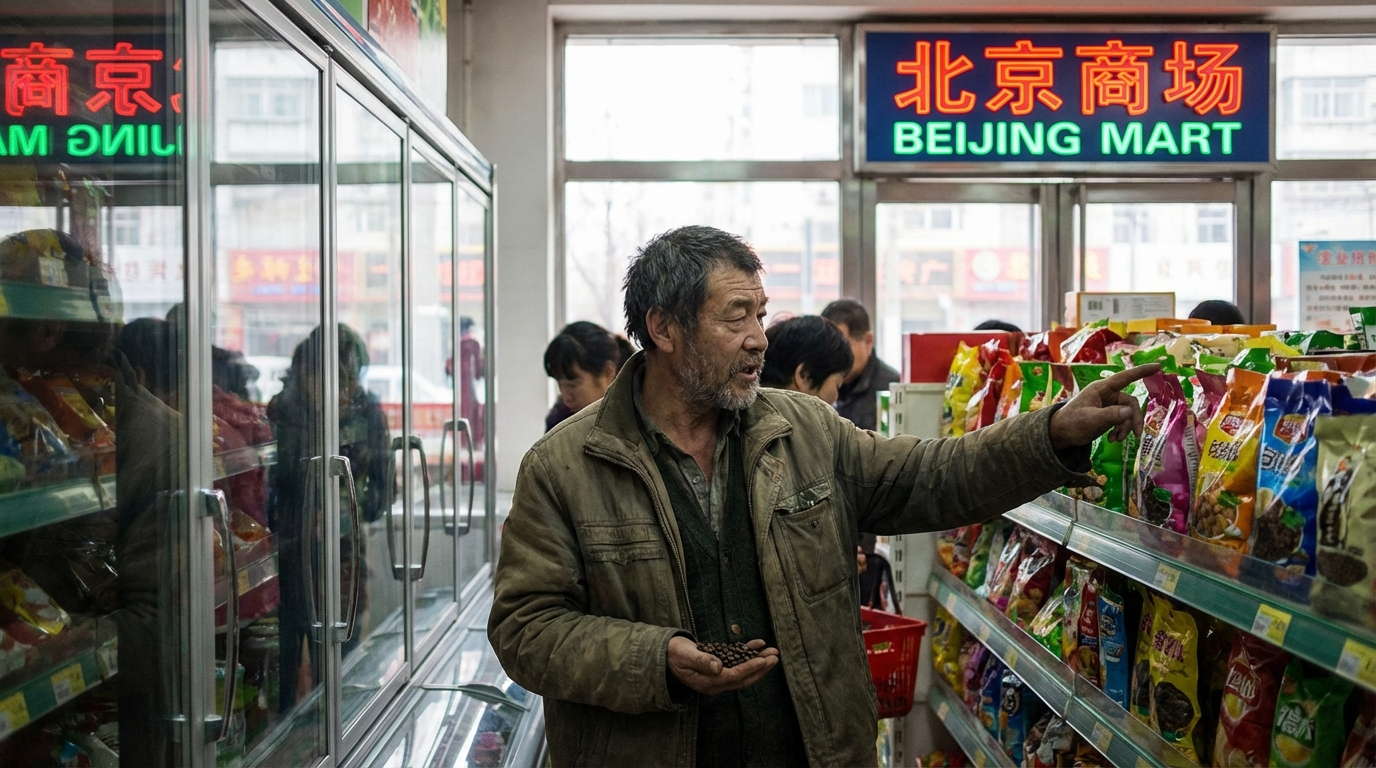 Empresario latino compara su producto en estantería de supermercado chino