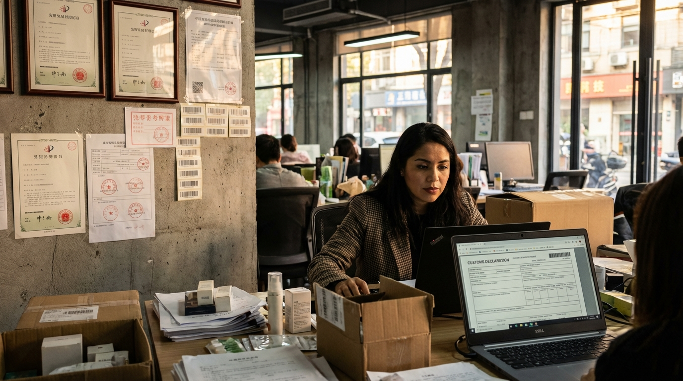 Empresaria latina organiza papeleo regulatorio en oficina temporal de Shanghai