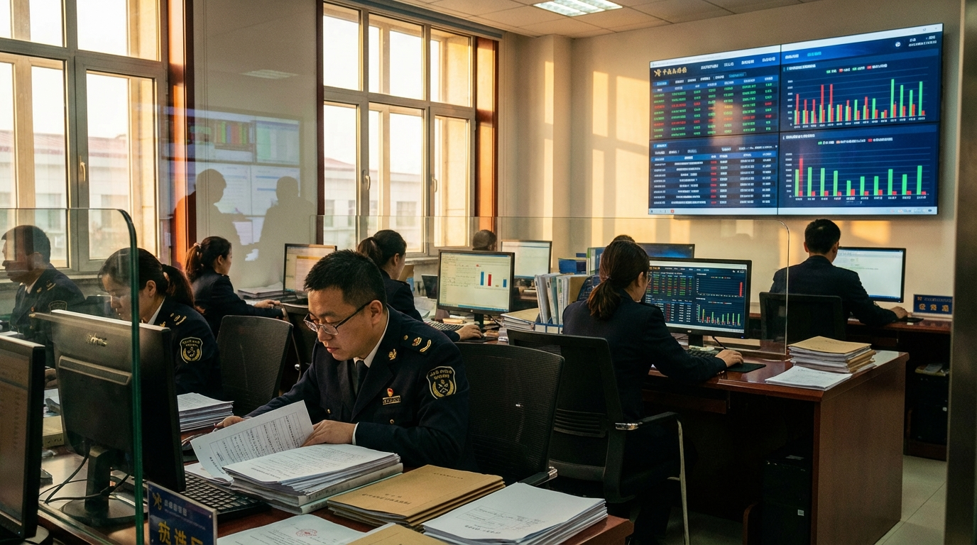 Oficial de aduanas chino revisando documentos de aranceles y cupos para 2026