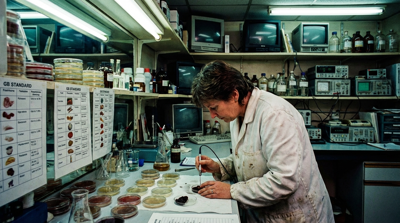 Técnico en laboratorio chino probando muestras latinoamericanas según normas GB