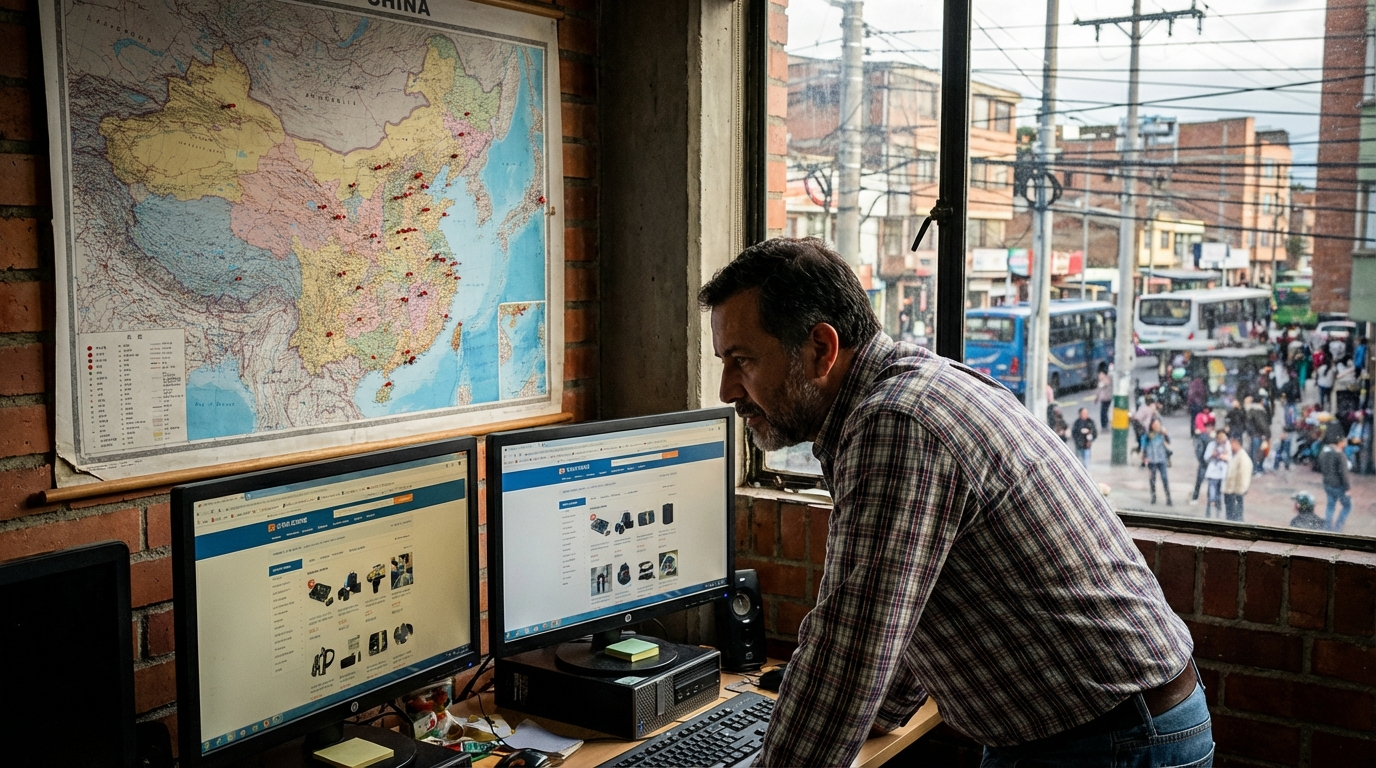 Empresario latinoamericano filtrando fabricantes chinos desde su oficina en Bogotá