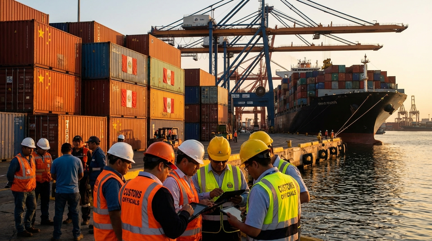 Puerto del Callao al amanecer con contenedores chinos siendo cargados para importación peruana