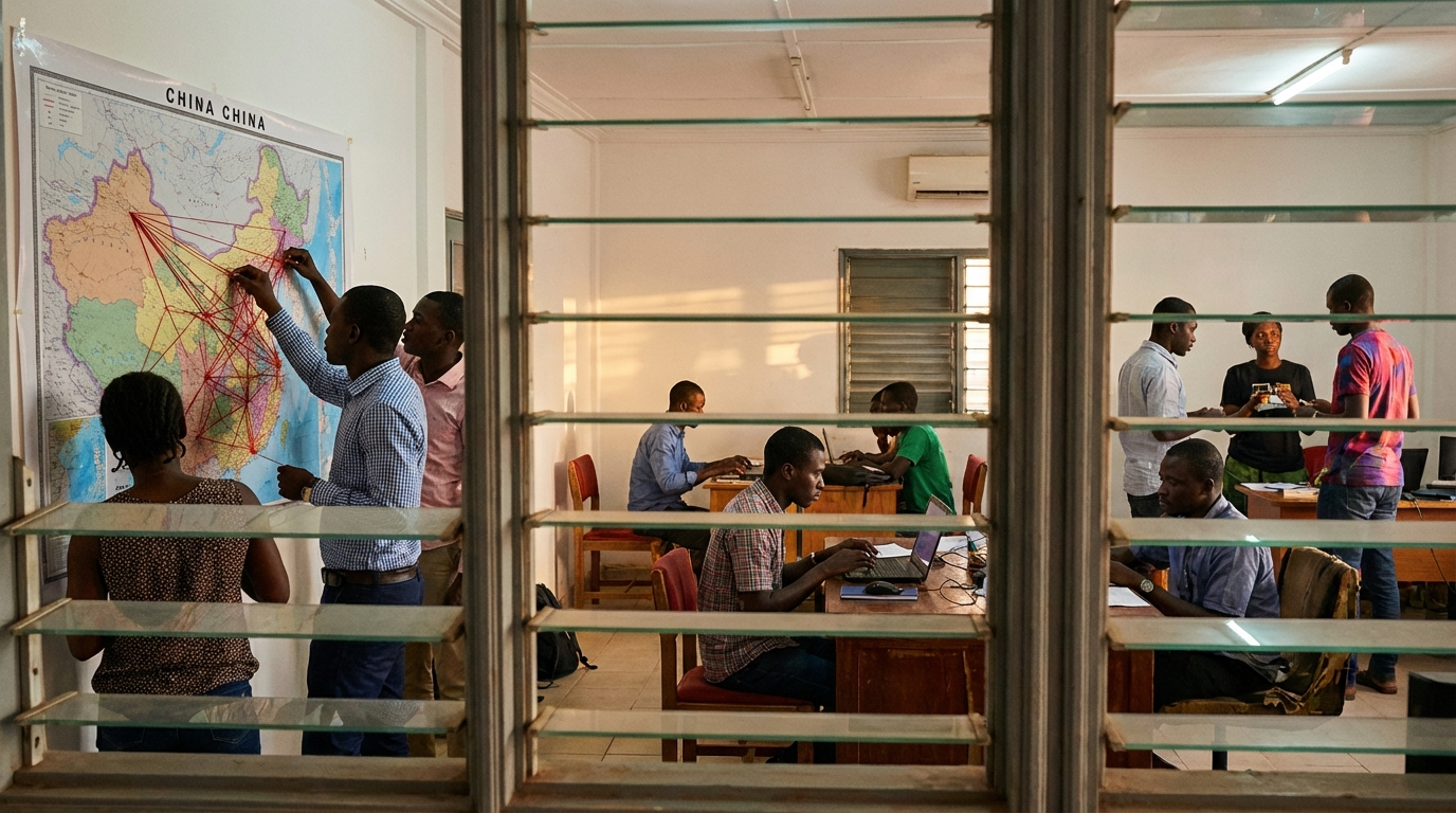 Jeunes entrepreneurs d’Afrique francophone à Dakar connectent leur ville à la Chine sur une carte murale, illustrant l’opportunité 2026