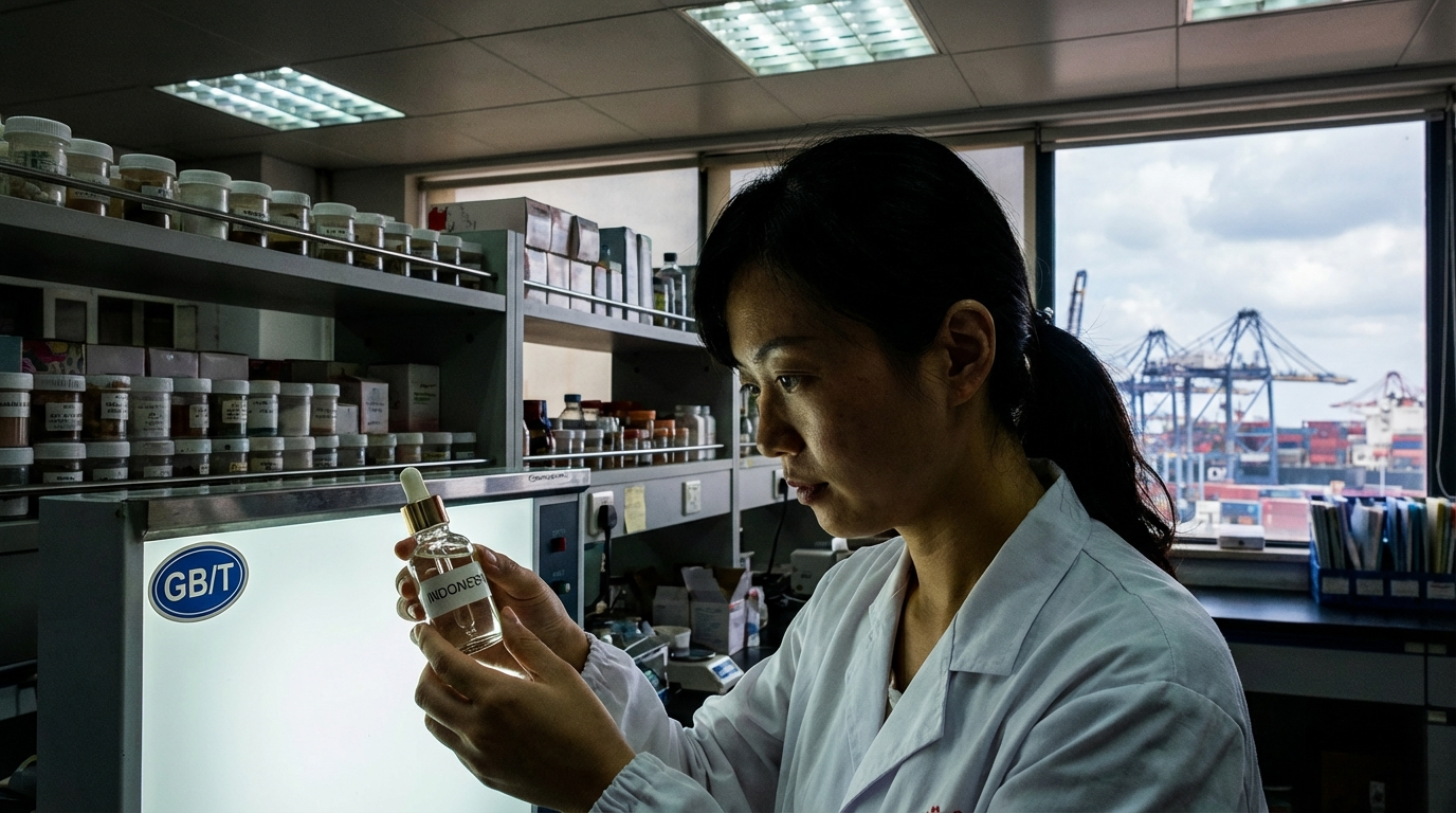 Teknisi laboratorium Tiongkok memeriksa botol skincare Indonesia di bawah lampu label GB/T, rak contoh produk, jendela pelabuhan sibuk di belakang.