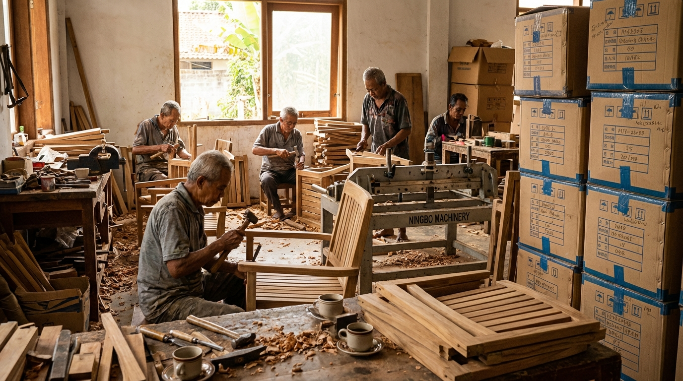 Pengrajin Jepara merakit kursi jati dengan peralatan impor Tiongkok, pagi hari