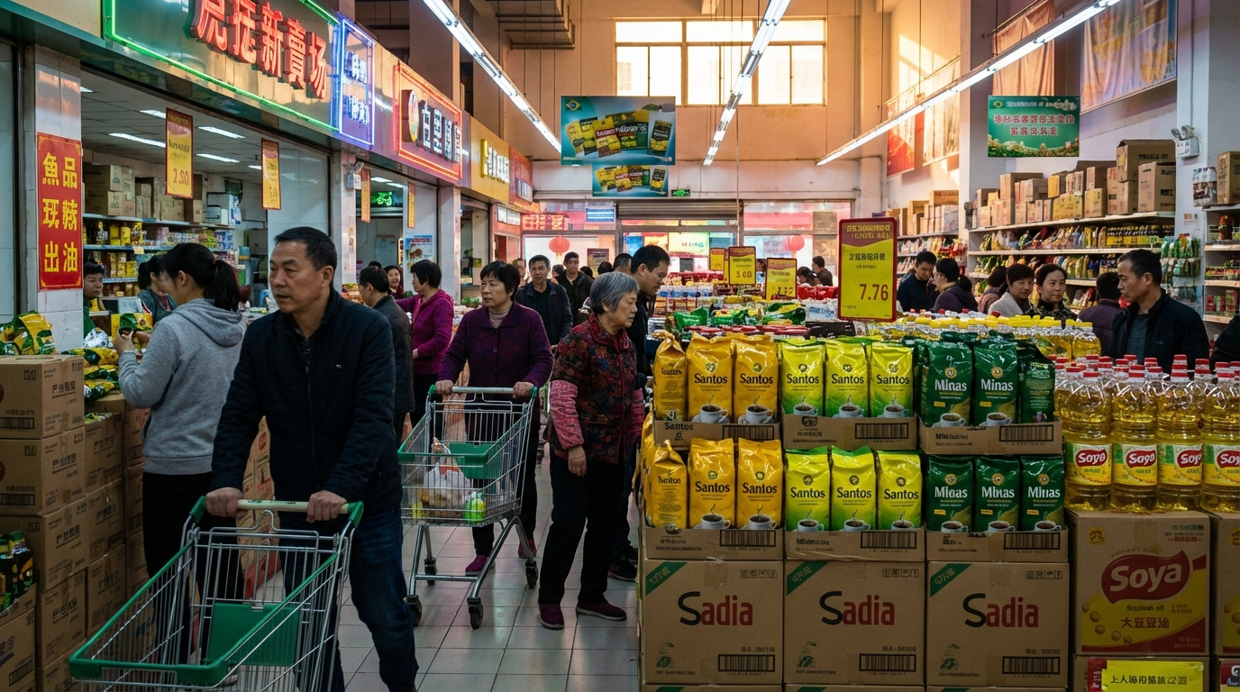 Corredor de supermercado em Xangai com produtos brasileiros nas prateleiras, consumidores chineses escolhendo itens
