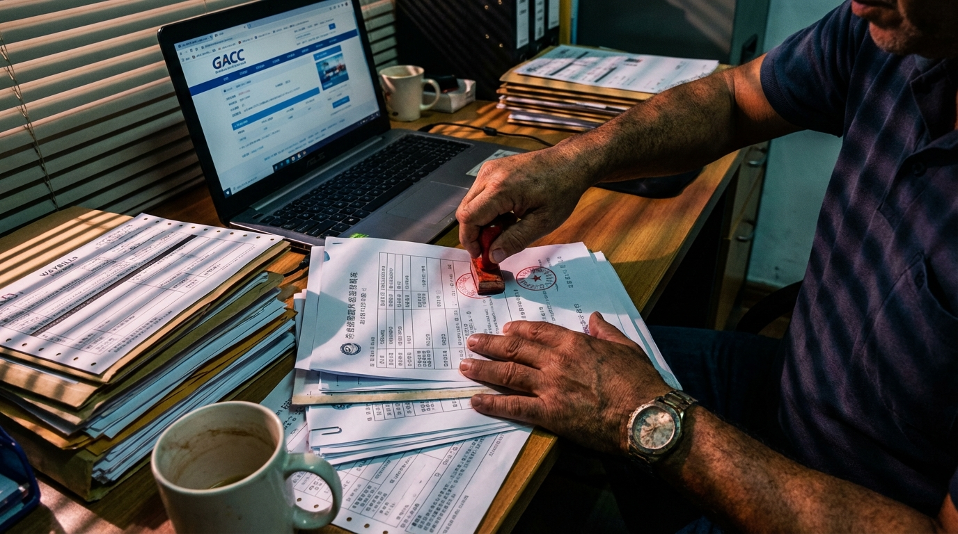 Mãos de exportador brasileiro carimbando documentos de importação chinesa em mesa cheia de papéis e notebook