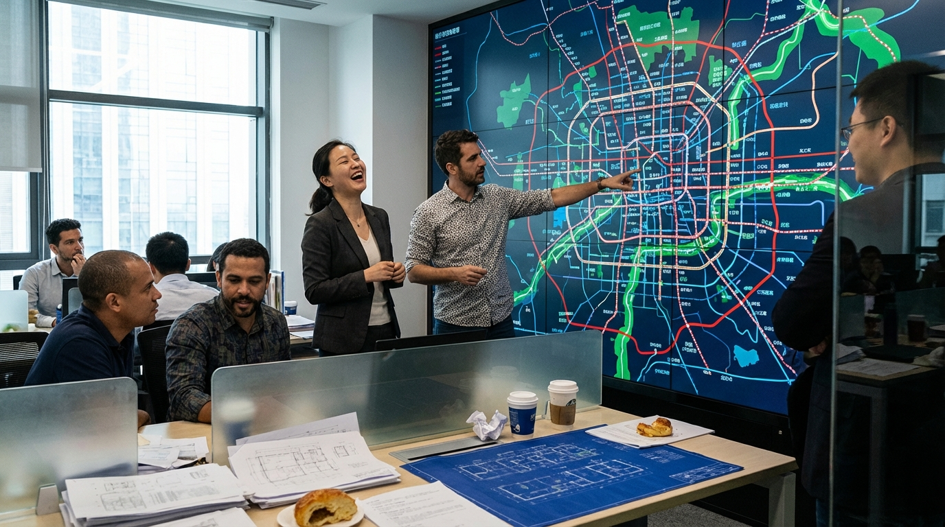 Planners brasileiros e chineses analisando mapa digital de novos corredores logísticos em escritório moderno