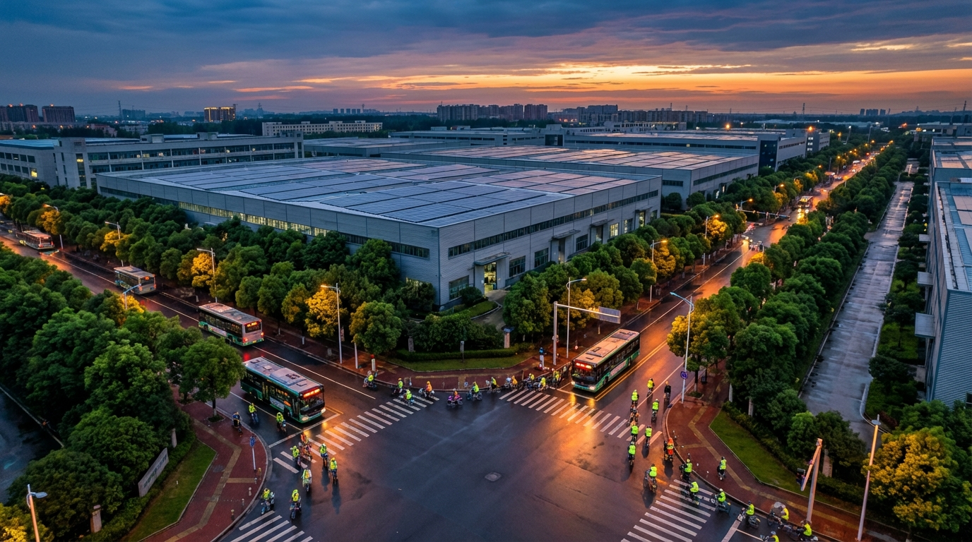 Parque industrial sustentável em Chengdu ao entardecer com painéis solares e ônibus elétricos