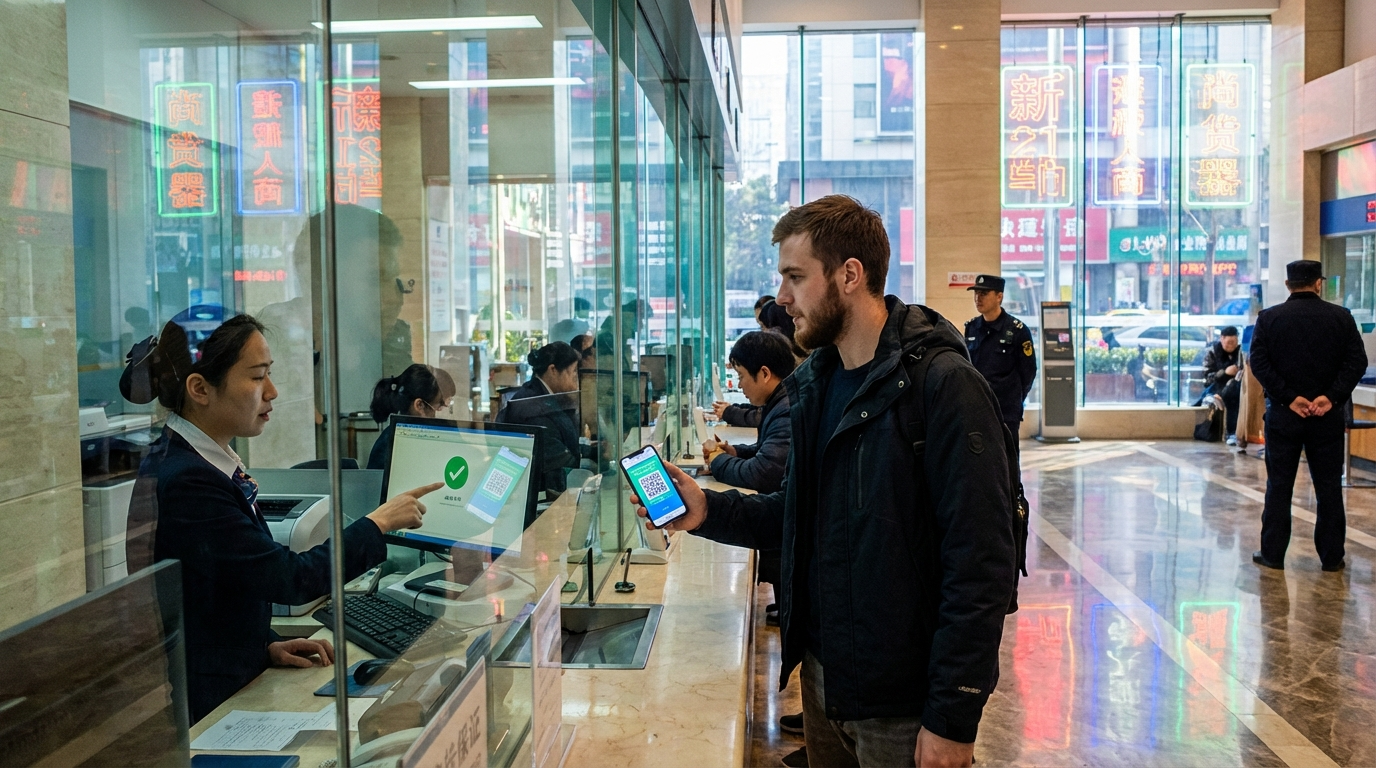 Оплата в цифровом юане в банке Шанхая: российский предприниматель сканирует QR-код