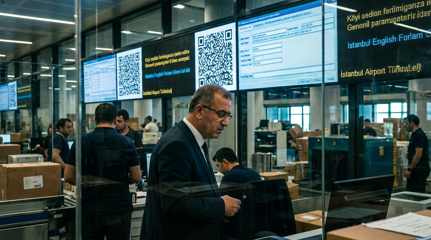 İstanbul Havalimanı kargo bölgesinde yeni dijital gümrük kurallarını inceleyen Türk ihracatçı