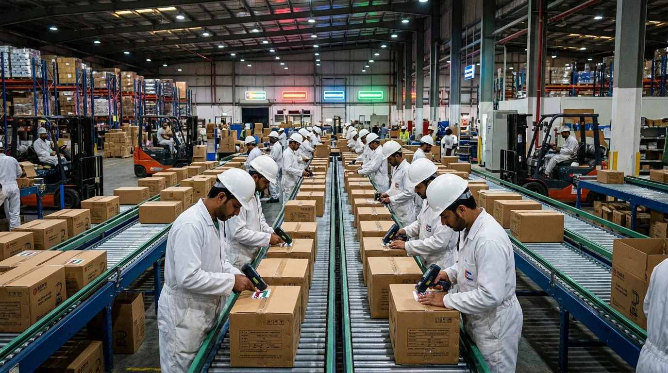 迪拜杰贝阿里仓库内，中国小家电最后一道贴标工序